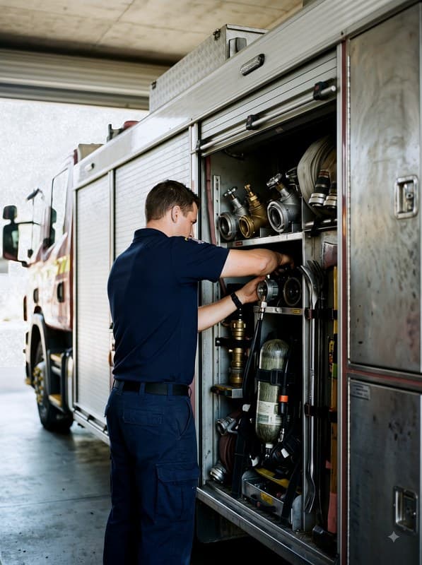 A firefighter checking a side locker on an appliance, with couplings, branches, hose and a breathing apparatus set on the shelves.