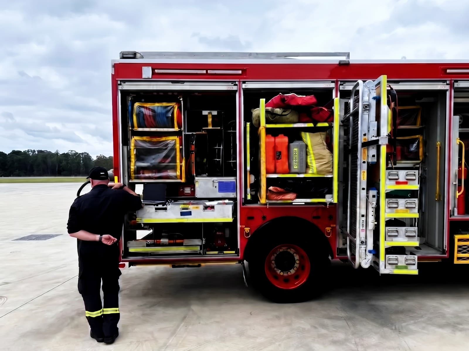 A crew member checking an appliance with every side locker open — hose, breathing apparatus, fuel cans and rescue gear on the shelves.