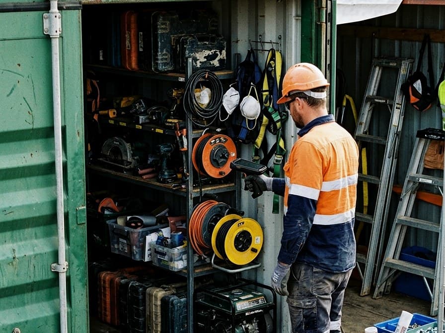 A tradesman with a handheld reader checking a site container packed with power tools, leads, harnesses and a generator.