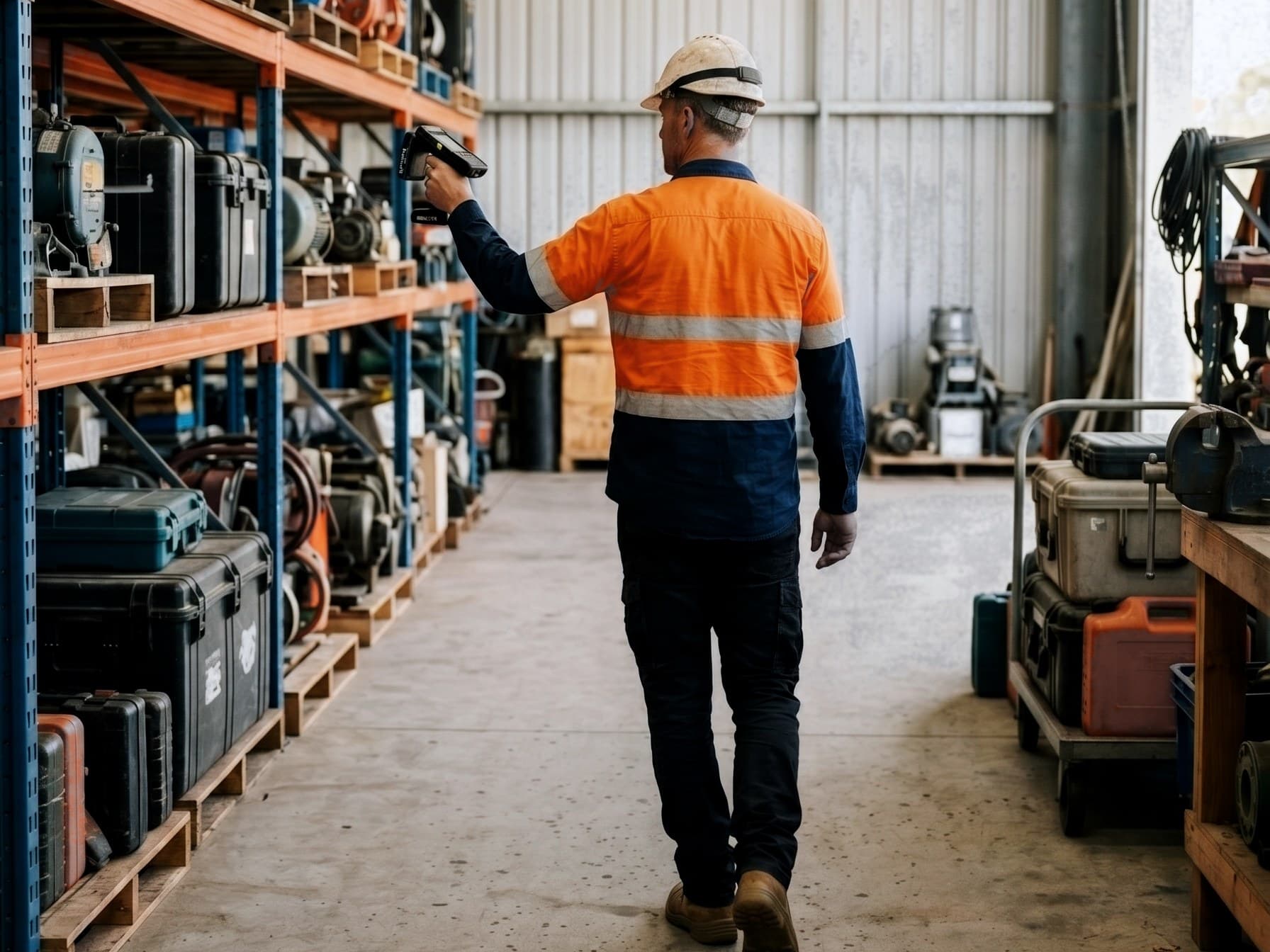 A worker walking a store aisle, taking stock of the equipment on the racking with a handheld reader.