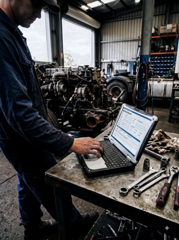 A technician completing a service record on a laptop at the workshop bench.