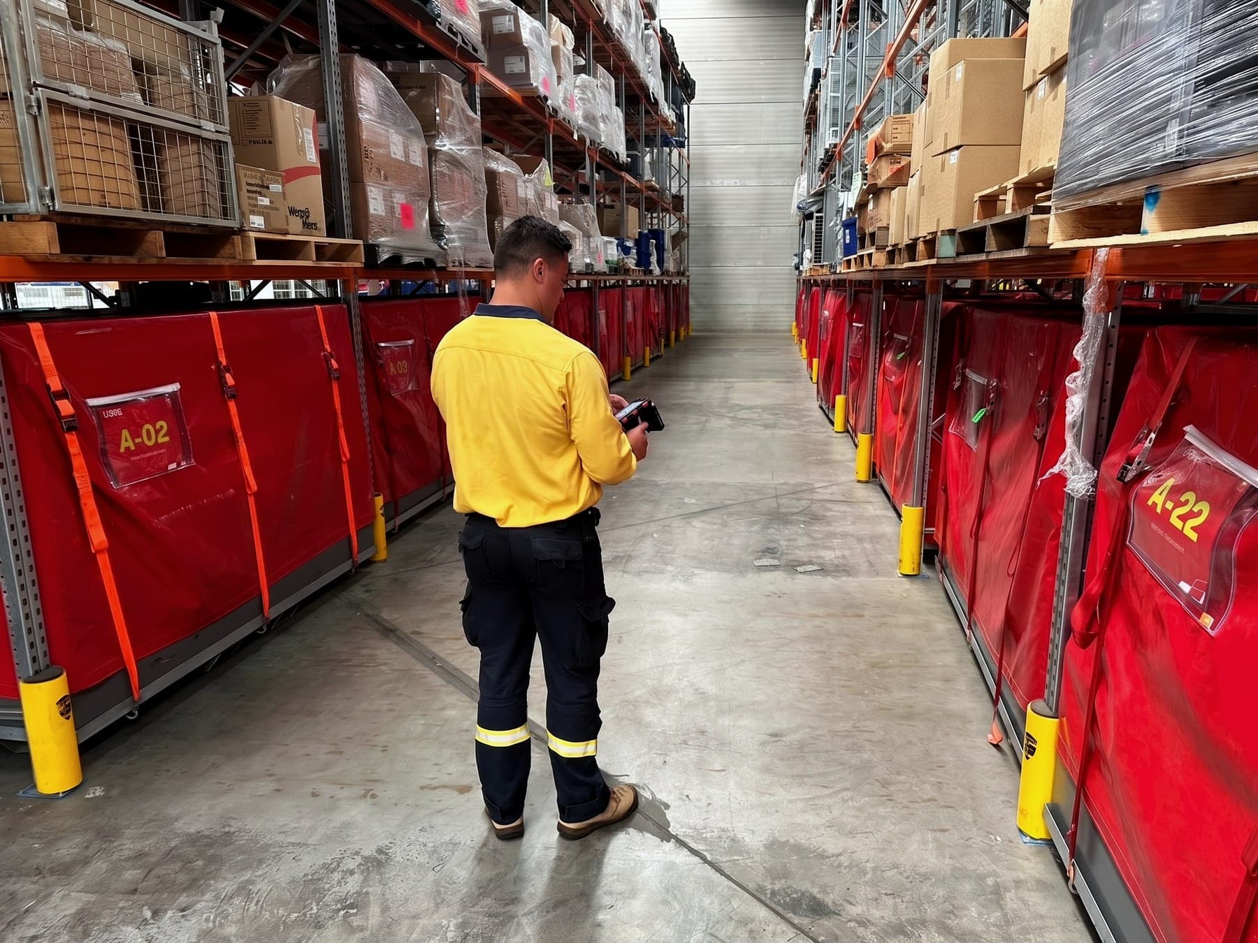 A worker checking equipment in a store aisle before the work begins.